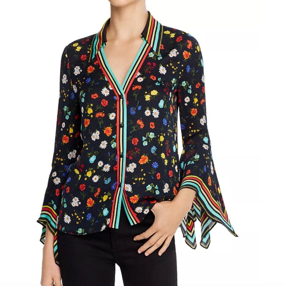 Alice and Olivia Randa Floral Bell-Sleeve Blouse Size Small